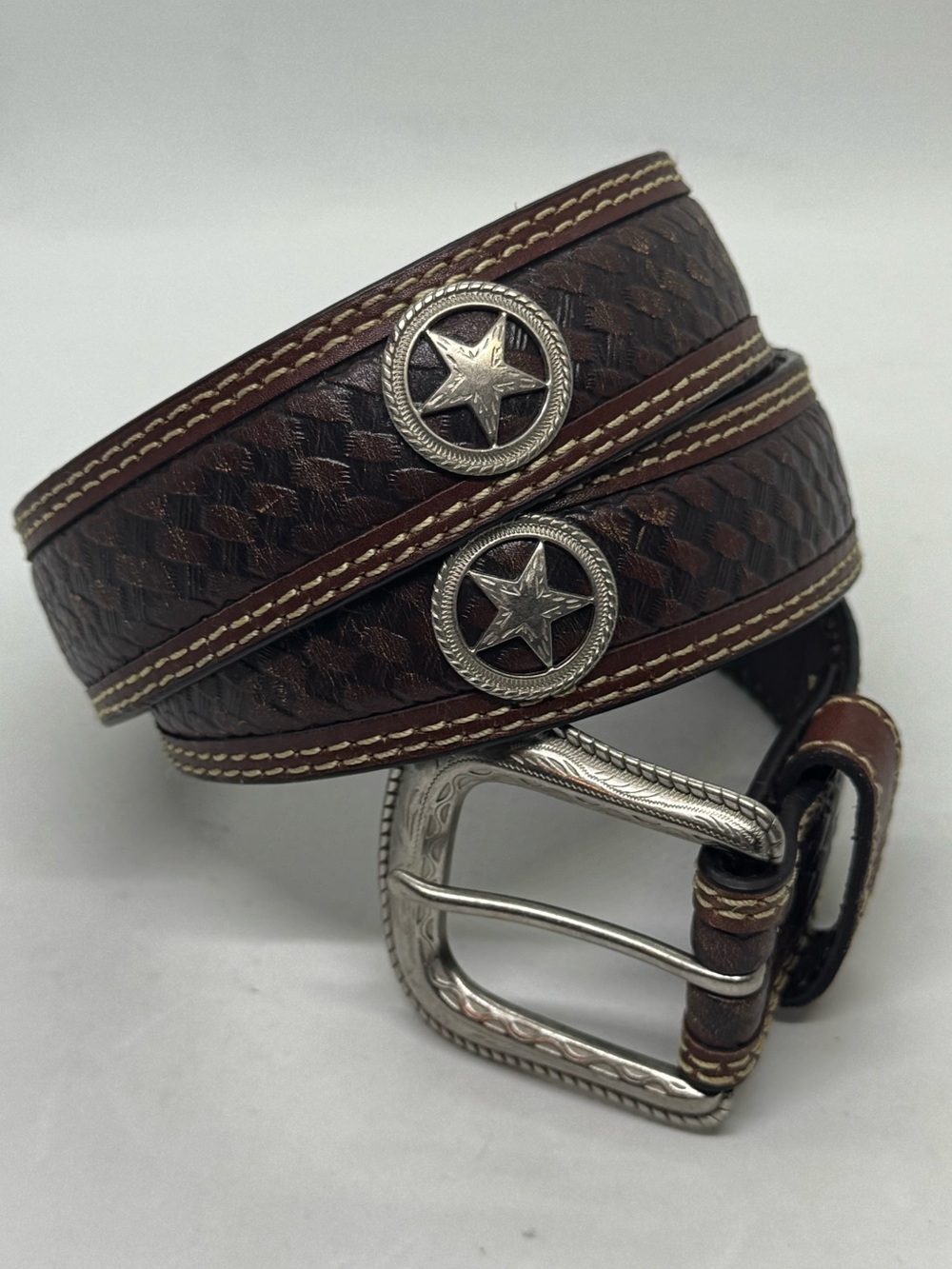 Nocona Western Leather Star Concho Belt Size 38 Brown Basketweave Cowboy